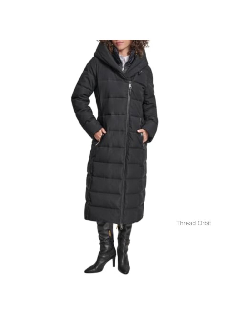 DKNY Maxi Puffer Coat with Bib & Asymmetrical Zipper, Long Quilted Winter Jacket